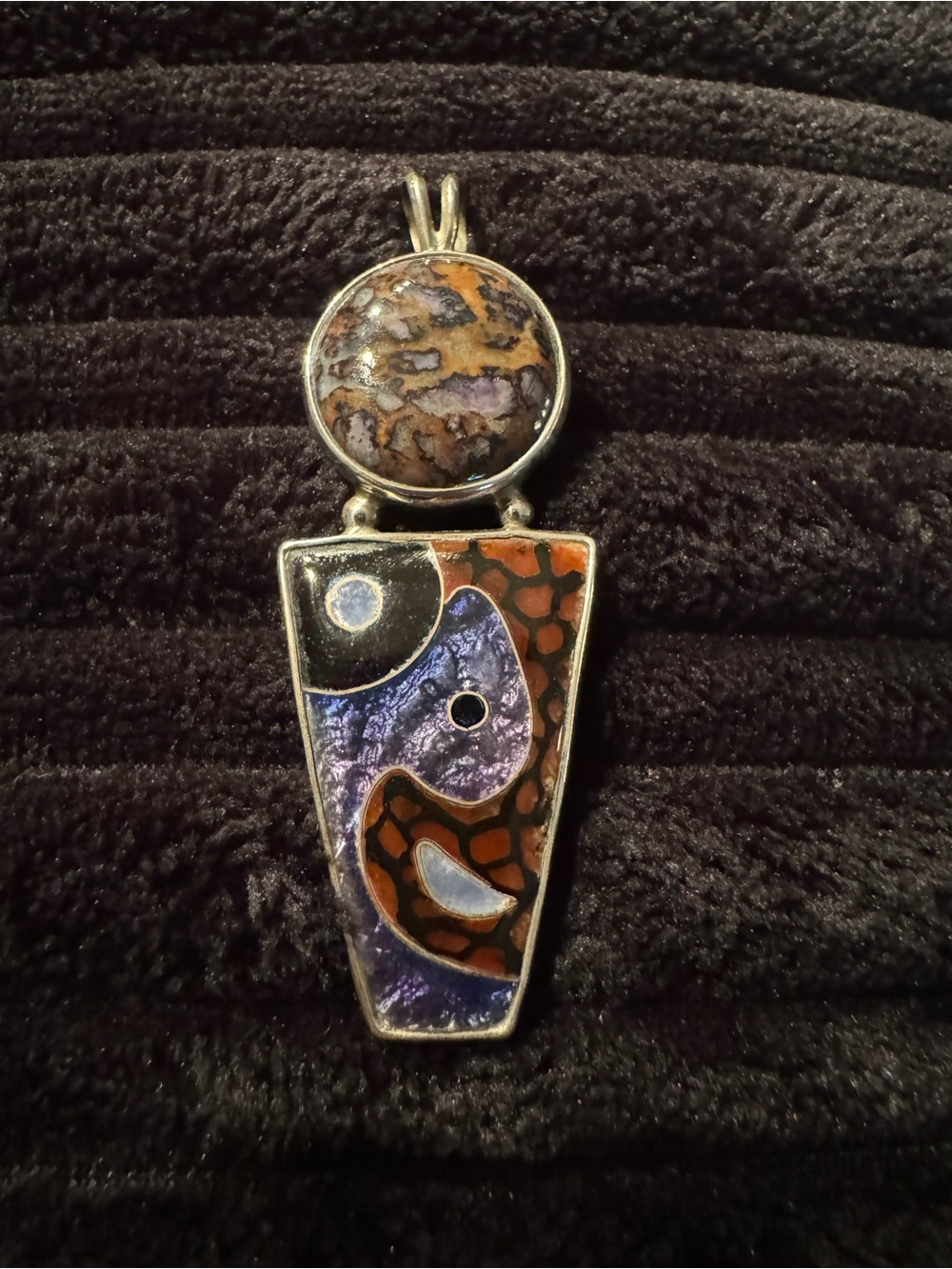 Sterling-Inspired Purple and Brown Abstract Enamel Pendant